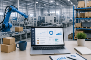 Modern factory workspace with dashboard view