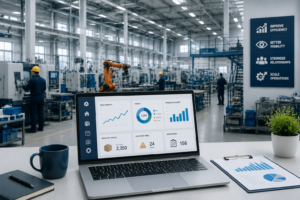 Modern factory workspace with dashboard view